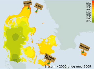 DMI har hjulpet Boliga med at udpege de mest solrige egne af landet. Data DMI. Grafik og copyright DMI/Mikael Scharling 2010