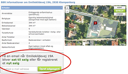 Med et enkelt klik i BBR-registret kan man tilføje boliger til sin overvågningsliste. Screendump: Boliga